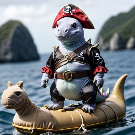 <lora:person_XL_chonkasaurus:1> photograph of a very small (chonkasaurus:1), dressed up as a pirate, on a tiny raft on the ocean