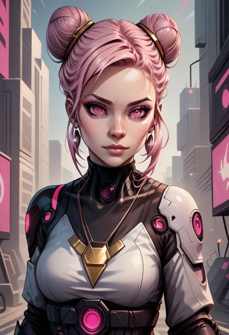 Animated Nightmare Style, 1girl, closed mouth, cyberpunk, double bun, earrings, freckles, glowing, hair bun, hand up, jewelry, lips, looking at viewer, makeup, medium breasts, necklace, nose, outdoors, pink eyes, pink hair, ring, solo, upper body, BREAK PonyXLV6_Scores