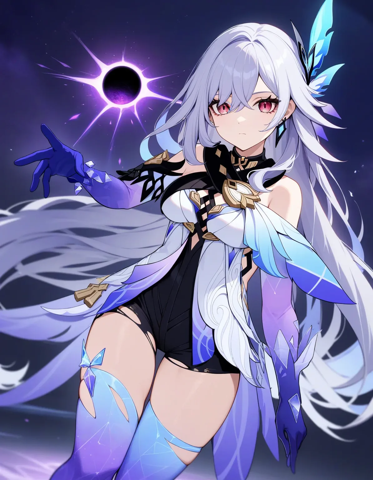 skirk \(genshin impact\), genshin impact, 1girl, solo, breasts, long hair, gloves, thighhighs, looking at viewer, elbow gloves, throwing black hole, purple hole, bangs, hair ornament, jewelry, blue gloves, bare shoulders, grey hair, earrings, thighs, blue thighhighs, purple eyes, long hair, hair between eyes, torn clothes, leotard, dress, red eyes, standing, closed mouth, black shorts, shorts, universe, event horizon
masterpiece, best quality, very aesthetic, absurdres
<lora:a31_skirkXL:1>