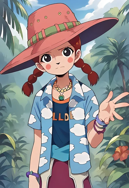 score_9, score_8_up, score_7_up, source_anime, masterpiece, 1girl, ctianmari, hat, striped pantyhose, hawaiian shirt, blue shirt, pink skirt, necklace, bracelet, looking at viewer, blush stickers, outdoors, <lora:MsGoldenweek_pony_ct:0.8>