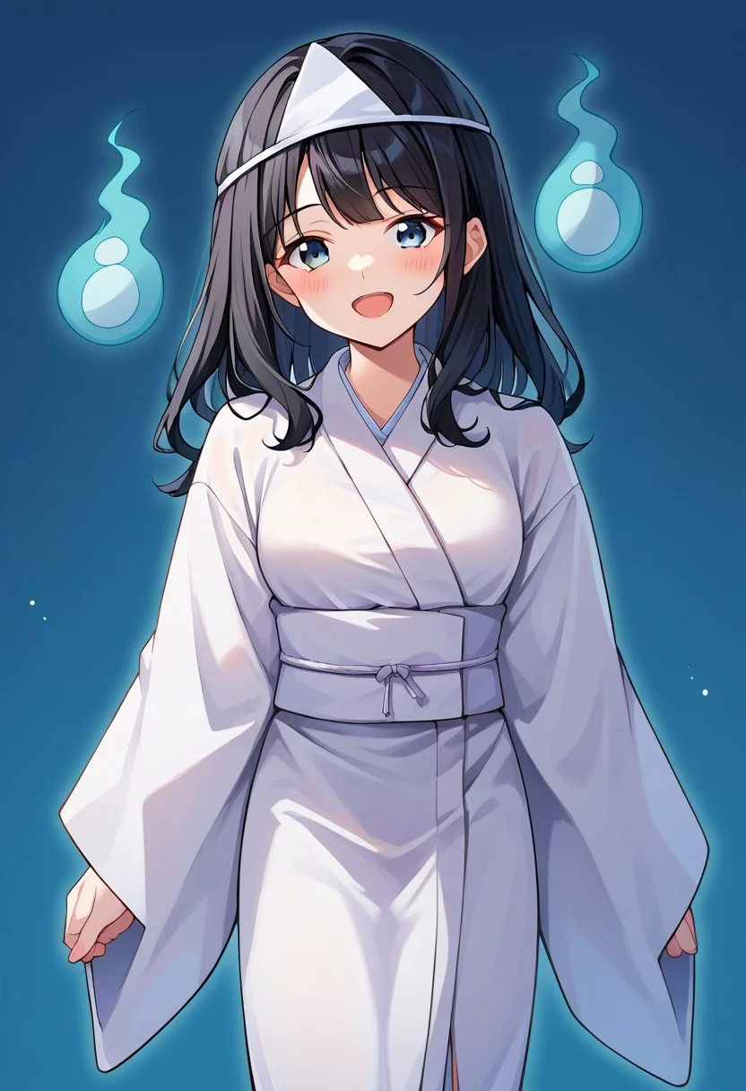 score_9, score_8, score_7, source_anime, 1girl, solo, shiroshouzoku, triangular, headpiece, looking at viewer, blush, smile, long hair, ghost, black hair, open mouth