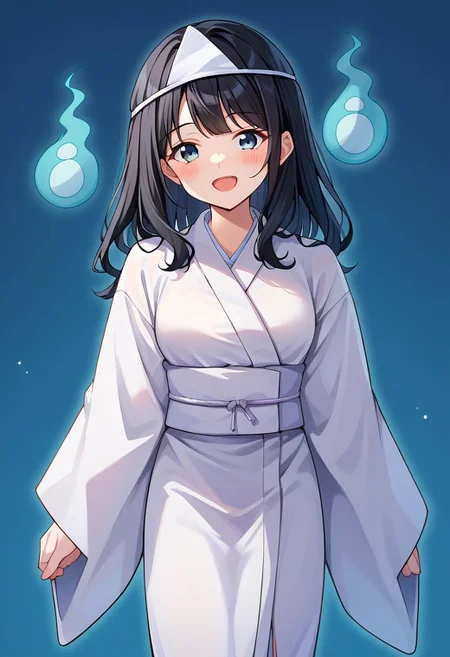 score_9, score_8, score_7, source_anime, 1girl, solo, shiroshouzoku, triangular, headpiece, looking at viewer, blush, smile, long hair, ghost, black hair, open mouth