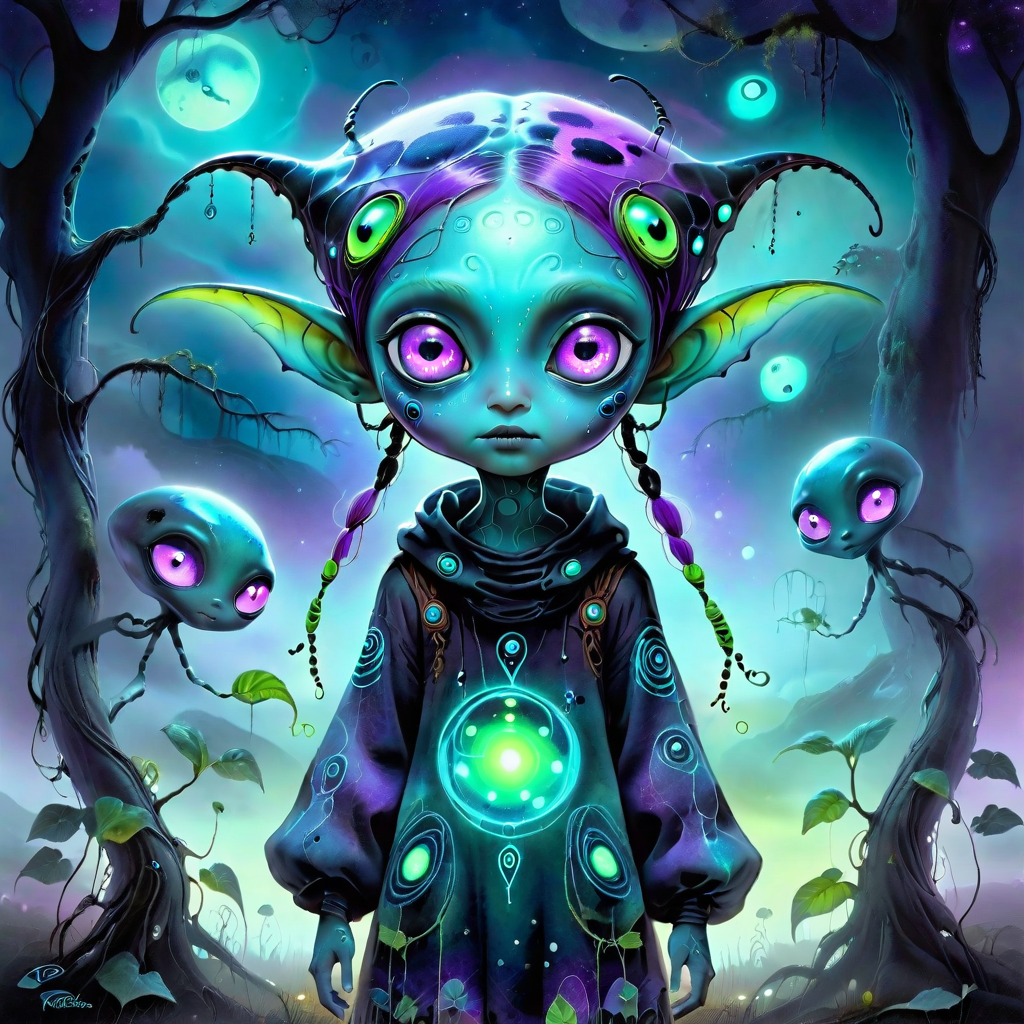 cheyenne, animist, restart, alien female, Alien child with oversized glowing eyes, Storybook surrealism, Ethereal mist overlay, Bioluminescent freckles and markings, Deep Twilight & Neon Glow alien_wanderer, <lora:artfully_YOUNGALIEN_SDXL:0.8>,