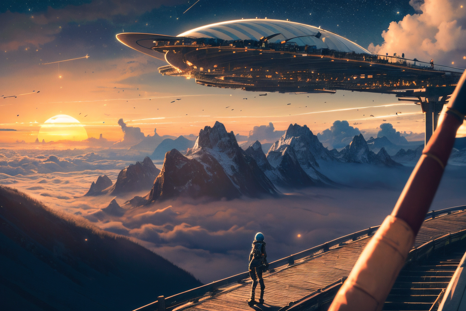 (Realistic:1.5) SyFyEye1, energy, bridge, spacesuit, constellation, solo, above clouds, surreal, torii, ship, beach, 2girls, sunset, airship, night sky, blurry, nature, mountain, scenery, full moon, cloudy sky,  <lora:SyFyEye1_v2.0:0.8>