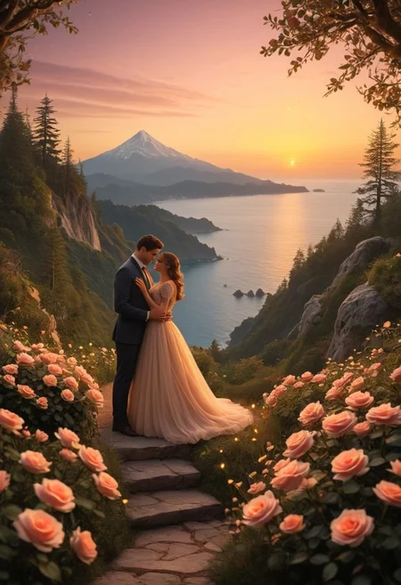 Rose,
romantic couple, scenic landscape, golden sunset, ocean view, mountain peak, enchanted forest, fireflies, soft lighting, warm tones, intimate atmosphere, dreamy, cinematic composition, nature and romance.