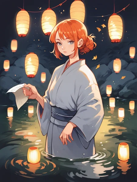 source_anime, score_9, score_8_up, score_7_up, score_6_up, score_5_up, ginger hair, grey eyes, <lora:h31k4l4XLP:1> h31k4l4, solo, curvy, water, japanese clothes, paper lantern