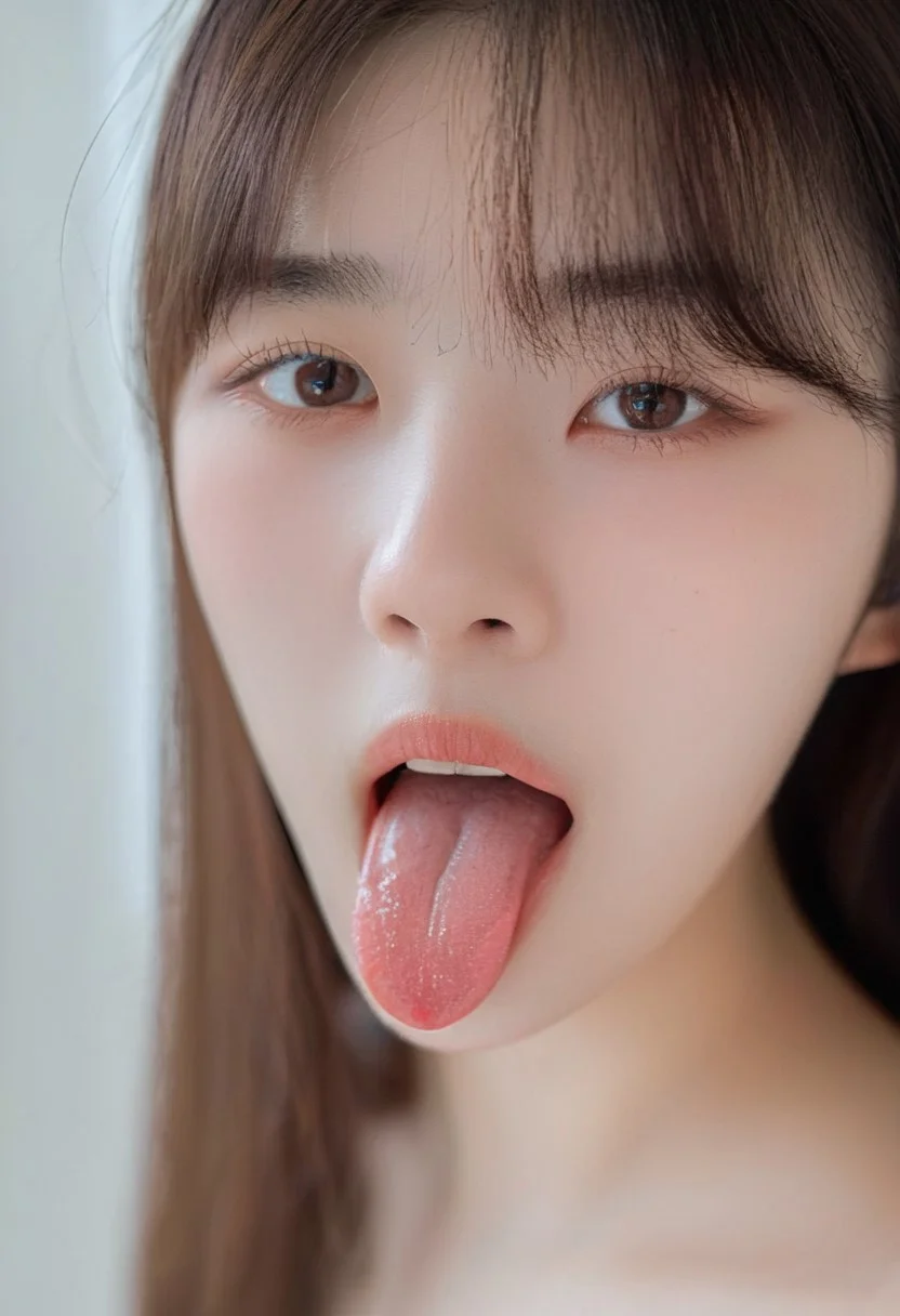 a woman named artgravia, face close-up, solo, open mouth, looking at viewer, brown hair, long hair, lips, teeth, portrait, tongue, tongue out, nose, bangs, upper teeth only, bare shoulders,depth of field,bokeh <lora:artgravia model-SDXL-V5:0.8>