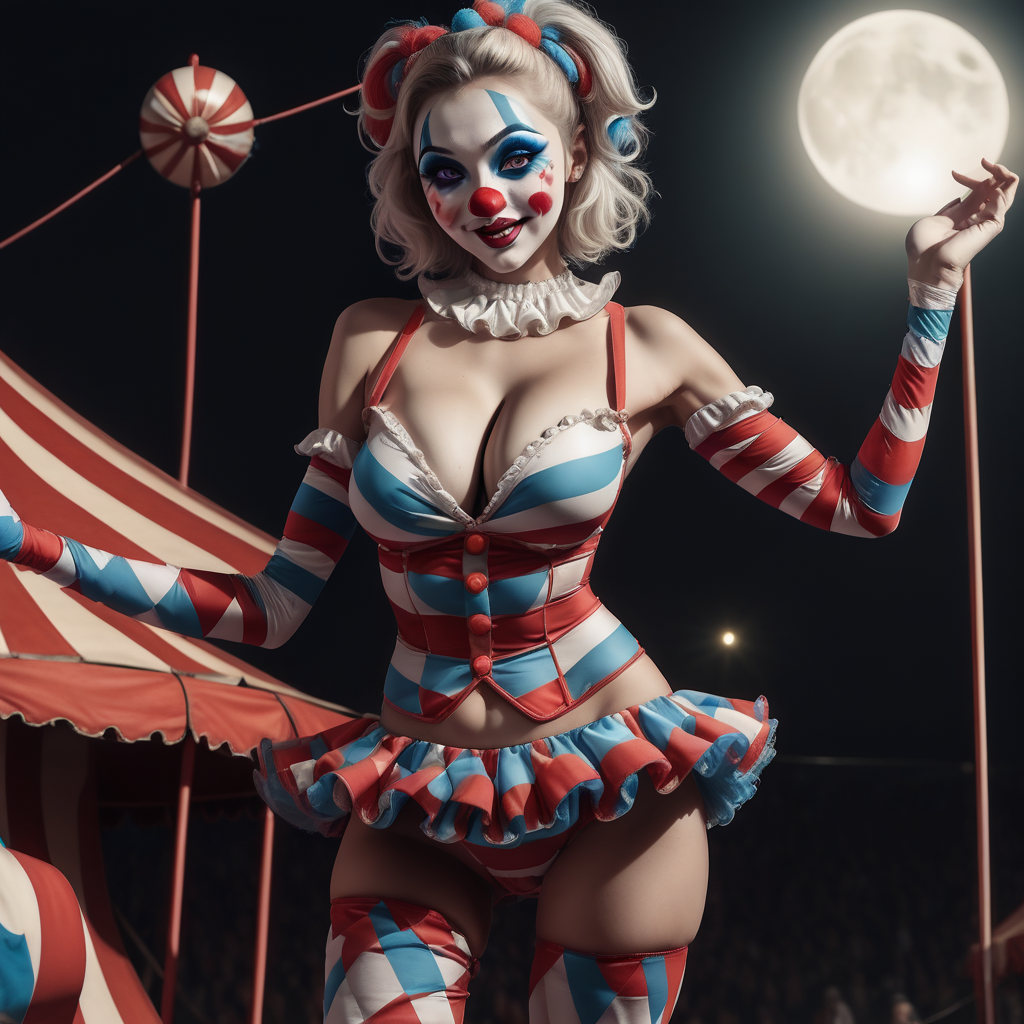 ultrarealistic, 8k, moonlight, dynamic pose, circus at night, 1girl, henrietta clown, sexy costume, coy smile
