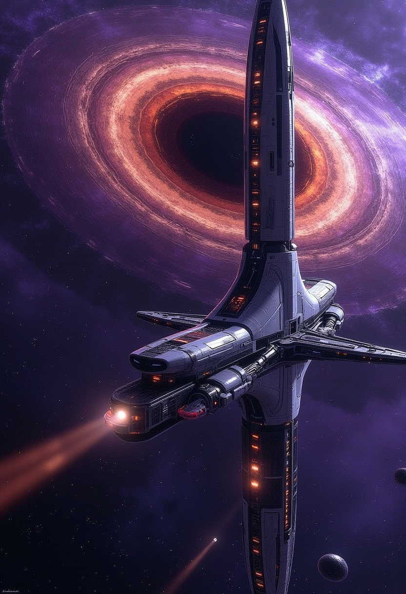 yfg-taal A realistic depiction of a lone high speed train floating outside a large space station. A stunning black hole in the distance with swirling purple and orange accretion disks, surrounded by a backdrop of stars and the faint glow of distant solar winds.