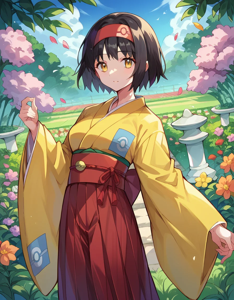 score_9, score_8_up, score_7_up, source_anime,
pokemonerika, <lora:pokemon-erika-ponyxl-lora-nochekaiser:1>
pokemonerika, yellow eyes, black hair, headband, short hair,
japanese clothes, kimono, hakama, red hakama, long sleeves, wide sleeves,
outdoors, garden, flowers, grass,
looking at viewer, cowboy shot, dutch angle,