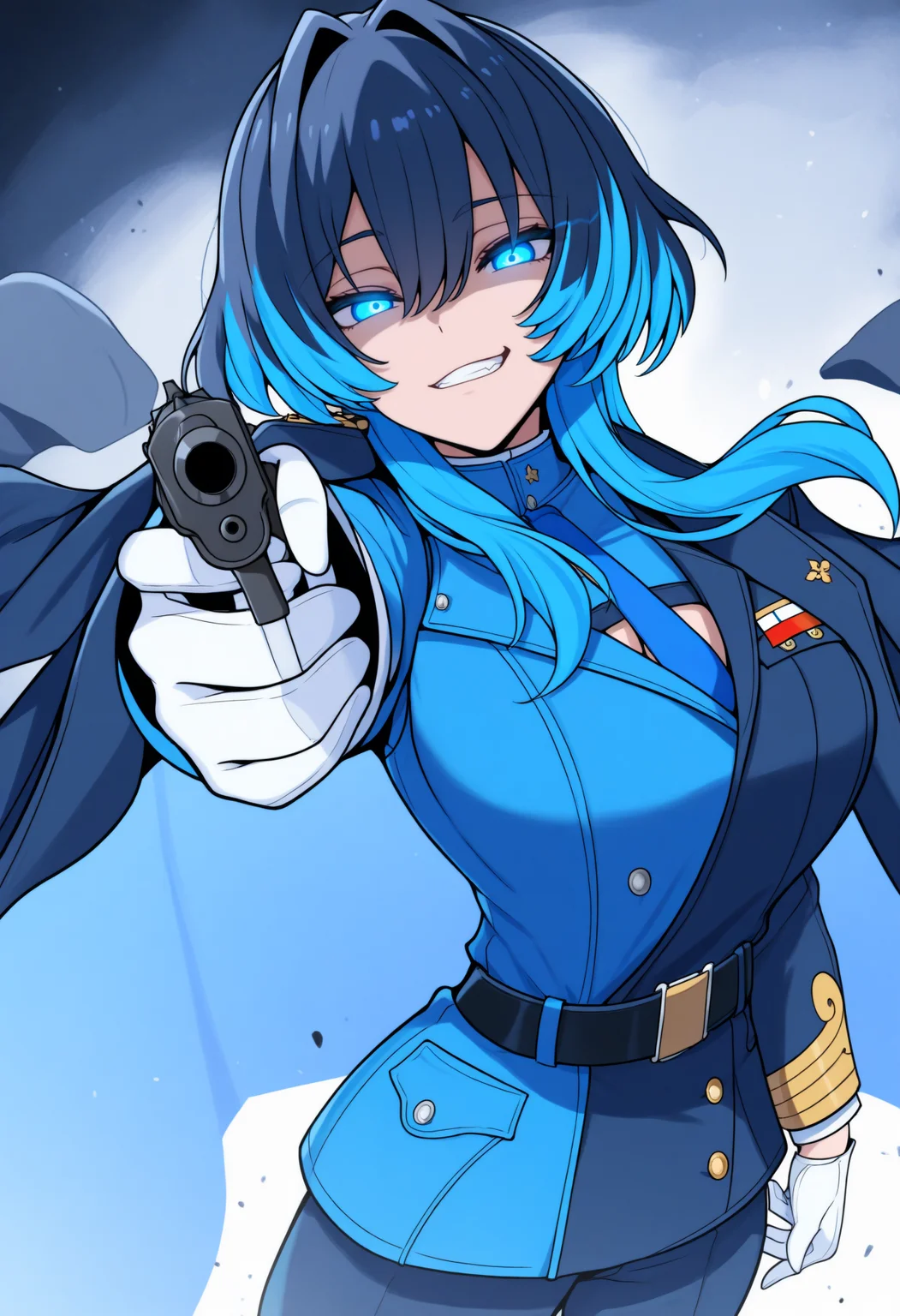 masterpiece, best quality, 1girl, solo, Kr0niiMfa, blue eyes, blue hair, medium hair, wolf cut, hair intakes, military uniform, blue coat, coat on shoulders, multicolored military jacket, black jacket, blue jacket, blue necktie, blue waistcoat, white gloves, black belt, blue pants, thigh strap, abstract background, glowing eyes, smirk, grin, holding gun, handgun, aiming at viewer, foreshortening, dutch angl, <lora:ChamOuroKroniiV2Noob:1>