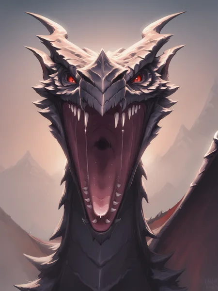 score_9, score_8_up, score_8, alduin, dragon, wyvern, feral, male, tail, black scales, red eyes, saliva, angry expression, open mouth, digital painting, solo, flat color, soft lighting, mountain background, close up, facing viewer, portrait view, <lora:princess_xl_v2:1>, <lora:Smooth Anime Style LoRA XL:1>, <lora:LoraAlduinBYXL_alduin:1>