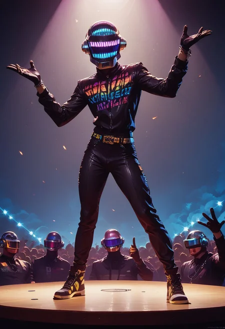 score_9, score_8_up, score_7_up, rave, helmet, skintight bodysuit, dj, Tron, mix table, concert, dark tone, bright lasers, edm, edm concert, high energy, edm mix, highly detailed, intricate, zzCitronLegacy, daft punk, daft punk helmet