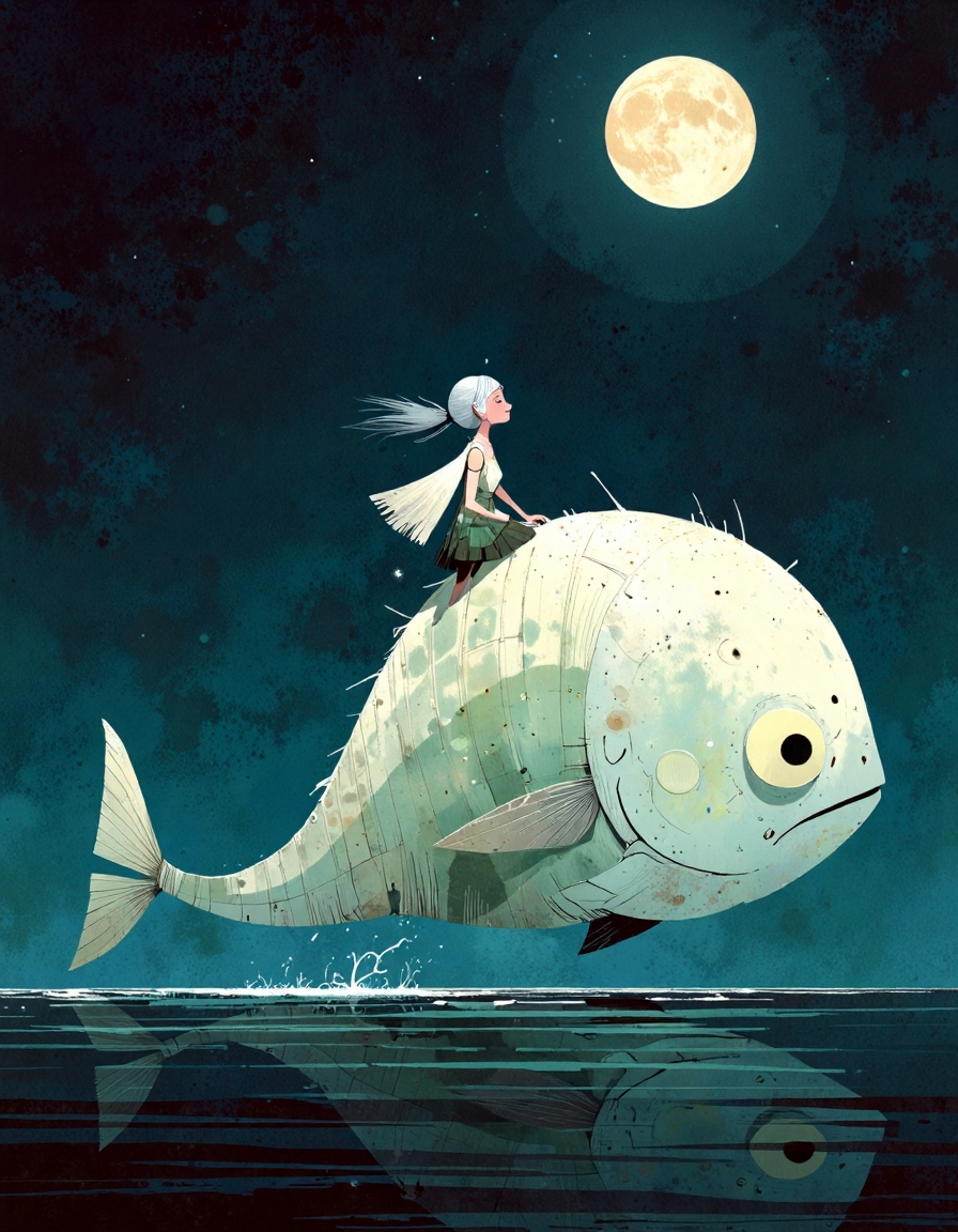 ppstorybook,A mystical woman with silver hair, wearing a gown woven from the night sky, riding a giant, silver moonfish through a star-filled ocean. The moonfish’s tail leaves a trail of sparkling stardust in its wake, and its glowing scales light up the dark water. Above, constellations form an ancient map in the sky, guiding the woman on a celestial voyage. The scene is serene, dreamlike, and peaceful, with an ethereal glow surrounding the characters. (fantasy, magical, celestial)