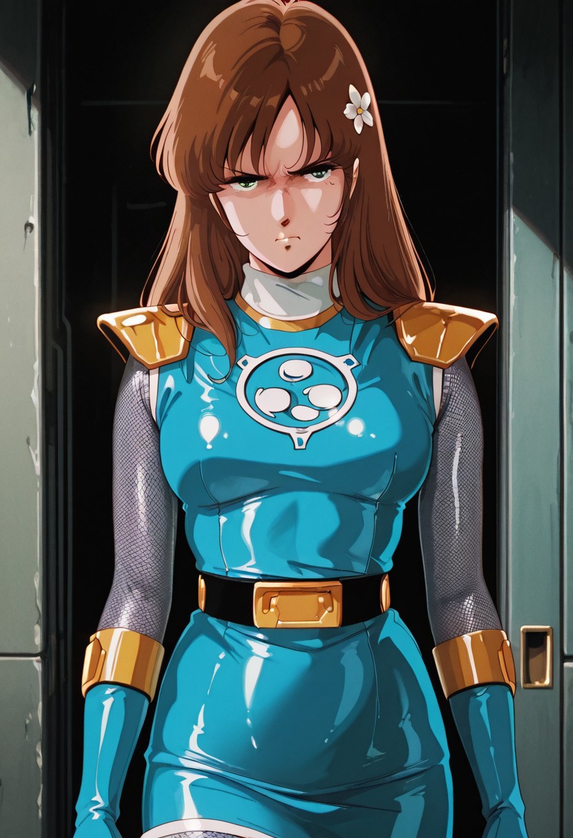 masterpiece,best quality,amazing quality, absurdres, <lora:hayase_misa_the_super_dimension_fortress_macross_ilxl_goofy:1>  hayase misa, 1980s \(style\), 1girl, breasts, green eyes, hair flower, hair ornament, long hair, medium breasts,  angry,solo,sentaikageblue, shiny clothes, spandex, silver bodysuit, fishnet bodysuit, bodysuit under clothes, aqua dress, shoulder pads, aqua skirt, black belt, aqua gloves,midriff