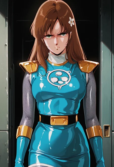 masterpiece,best quality,amazing quality, absurdres, <lora:hayase_misa_the_super_dimension_fortress_macross_ilxl_goofy:1> hayase misa, 1980s \(style\), 1girl, breasts, green eyes, hair flower, hair ornament, long hair, medium breasts, angry,solo,sentaikageblue, shiny clothes, spandex, silver bodysuit, fishnet bodysuit, bodysuit under clothes, aqua dress, shoulder pads, aqua skirt, black belt, aqua gloves,midriff