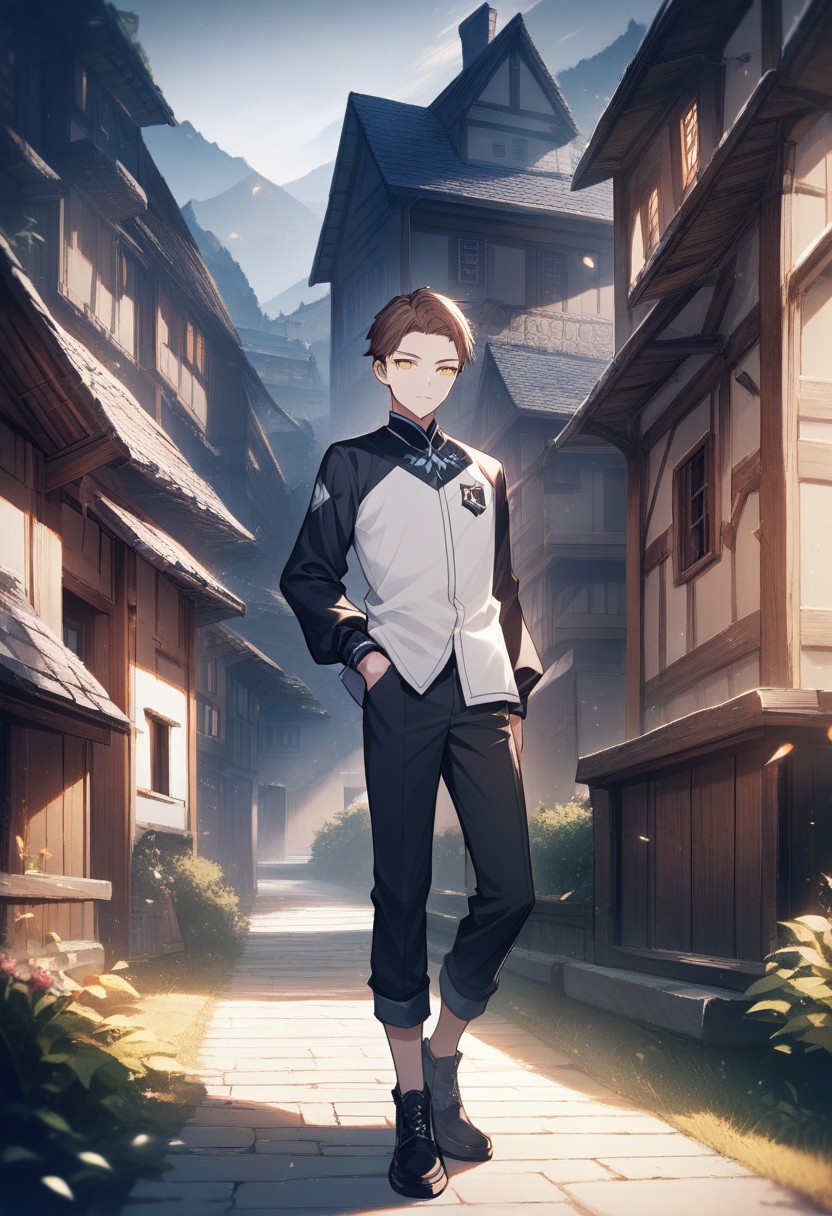 (best quality, masterpiece), 1 boy,18 years old, medieval village, dark mood, Arrogant,
brown hair, short hair, no bangs,  white color student uniform, full body,
 , looking at viewer, Unobtrusive golden eyes, Dull golden eyes,