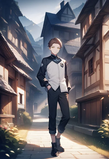 (best quality, masterpiece), 1 boy,18 years old, medieval village, dark mood, Arrogant,
brown hair, short hair, no bangs, white color student uniform, full body,
, looking at viewer, Unobtrusive golden eyes, Dull golden eyes,