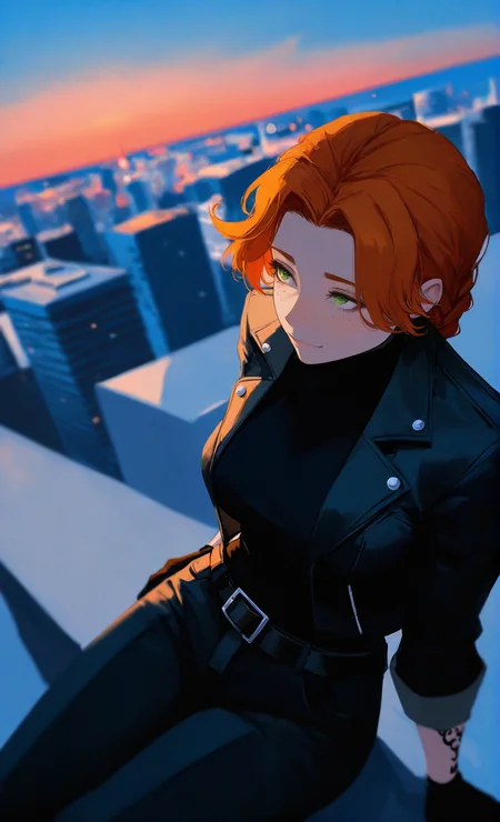 cityscape shot with blue hour shot of  <lora:vica:1>    vicamf, 1girl, solo, green eyes, orange hair, freckles, frown , braid, (mature female:1.2), half closed mouth,  pants, black jacket, belt, black gloves, tattoo,  black shirt, shirt, black pants, short hair, breasts, (from above:1.2), smile
 black thighhighs, sitting, sad, expressionless, sky, evening, orange sky, looking up, depth of field, masterpiece, best quality, newest, very awa, dutch angle, depth of field, detailed backgroud,foreshortening,blurry edges, soft lighting, intricate details , depth of field, foreshortening,(masterpiece, best quality), safe, amazing quality, very aesthetic, absurdres, highres, newest,  vicamf,   <lora:nhl-001:1> nhl-001, limited palette, realistic. Cool light, twilight, peaceful, moody. Urban, skyline, architectural, dynamic