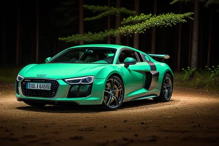 cars fantastic white, [2007 Audi R8], speed, intricate detail ,dark background , HD. Photograph , ((in enhanced forest. Depth of field Natural lighting. Beautiful natural dark night. Green northem lights)), extremely high quality RAW photograph, ultra detailed photograph, sharp focus, high resolution, (detailed skin:1,3),high quality, film grain, Fujifilm XT3,(Highly Detailed), full photo, (Cinematic Photo:1.3) of (Realistic:1.3)