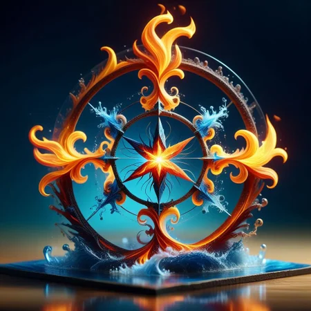 Harmonious fusion of elements, earth air fire earth and ether combined in a pentagonal shape in seamless integration, earth grounding and stable, water flowing and fluid, air swirling and free, fire vibrant and warm, united in perfect balance, elements intertwining gracefully, serene and dynamic, vibrant flames, coexistence of contrasts, nature's optimal quality, synergy of forces, essence of unity, balanced natural forces, peaceful coexistence, elemental harmony, timeless and eternal, highly detailed, masterpiece, 32k, UHD quality, pentangle.