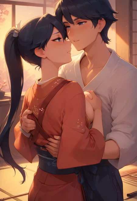 score_9, score_8_up, score_8, sexy, 1girl, 1boy, houshou, kaini,, eyelashes, eyeliner, sunny, dojo, archery dojo, Expressiveh, girl looking behind, girl looking at partner, groping breasts from behind,