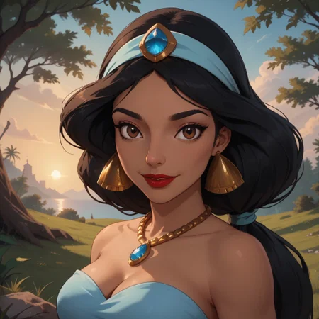 score_9, score_8, BREAK, solo, Princess_Jasmine_(Aladdin), 1girl, arabian woman, dark skin, dark skin female, black hair, red lips, brown eyes, ponytail hair, turquoise headband with sapphire, golden earrings, golden necklace, sky blue bedlah top, navel, sky blue matching salwar pants, self portrait, smile, looking at viewer, outdoors, sunlight, shadows, evening lighting, natural lighting, forest, trees, grass, orange sky, sunset