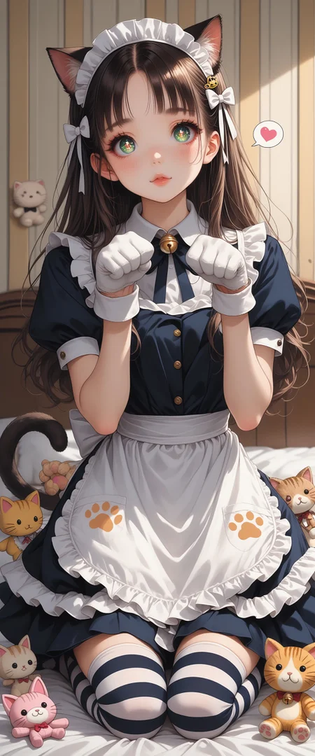 score_9, score_8_up, score_7_up, source_anime, ((fullbody)) 1girl, solo, ((Licca-chan : 1.2)), cat girl, cat ears, animal ear fluff, cat tail, long hair, cute hairstyle, moe, kawaii, cute, doll, doll joints, big sparkling eyes, detailed lips, makeup, paw pose, ((doll_clothes)), (maid), maid cafe uniform, cat maid dress, bows, white bows, hair ornament, white paw gloves, neck bell, striped stockings, striped legwear, yellow cat print background, beige paw print , spoken heart, cute toys, <lora:19a618b0-9c60-490e-984c-201466b5ed8f:0.7>, <lora:d10e6385-a080-4735-a8cf-9b683731baca:0.7>, <lora:7fa89c10-5601-4ced-9e6d-e50019f5aa4b:0.5>, <lora:678b49e2-f537-4298-8f86-c8e5267b2ed7:0.4>, <lora:ab19ebf7-99b5-4dc4-8f50-e9330005ed10:0.4>, <lora:84bda6d4-87ea-4e5d-aca1-a8c93279c7f8:0.3>, <lora:e485f886-377e-4727-92e3-947262a0784f:0.3>, <lora:8d8e797e-3e48-41d5-8922-0b031275dd43:0.3>, , , , , , , , , , , ,