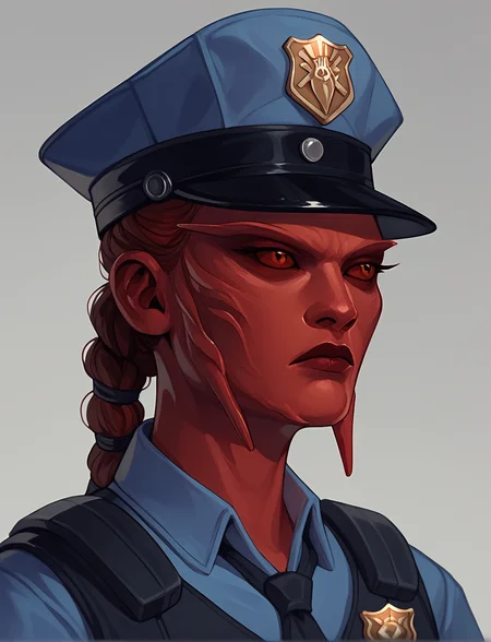 <lora:Sith_Pureblood-Pony-V1.0:1> sith pureblood, colored sclera, black sclera,  facial ridges, police uniform, holding radio, police hat, solo, upper body, full upper body, kevlar vest,, score_9, score_8_up, score_7_up, score_6_up, score_5_up,