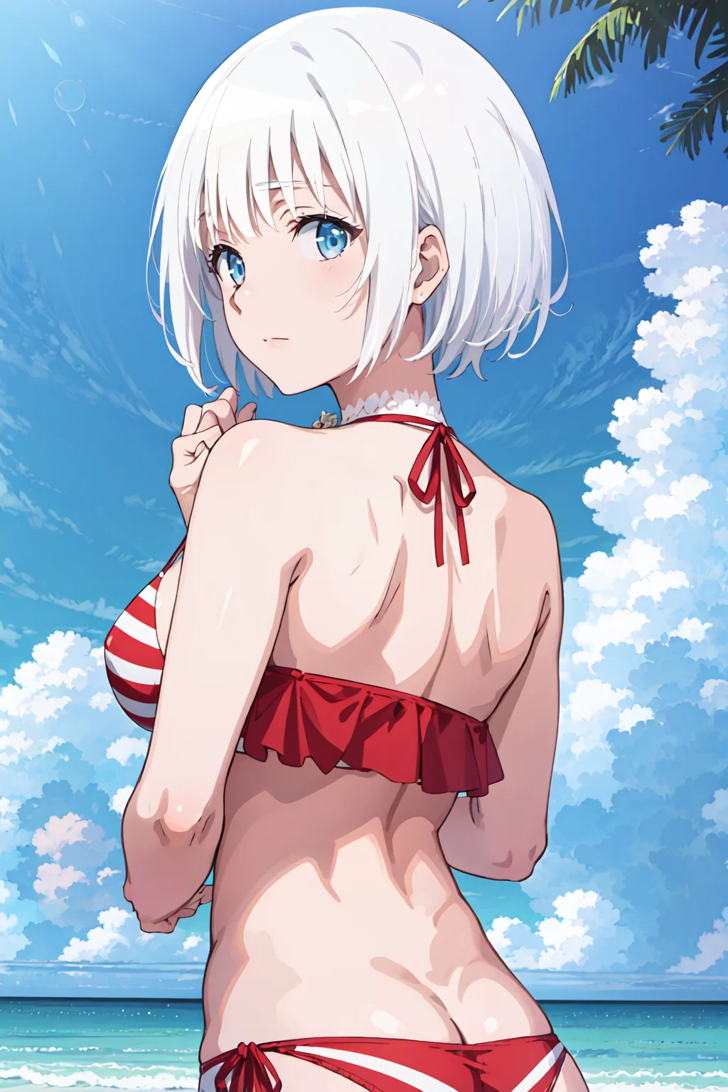 siesta, 4k, absurd, high resolution, very high resolution, high definition, masterpiece, bikini, beach, standing, upper body, from_behind<lora:EMS-366478-EMS:0.800000>