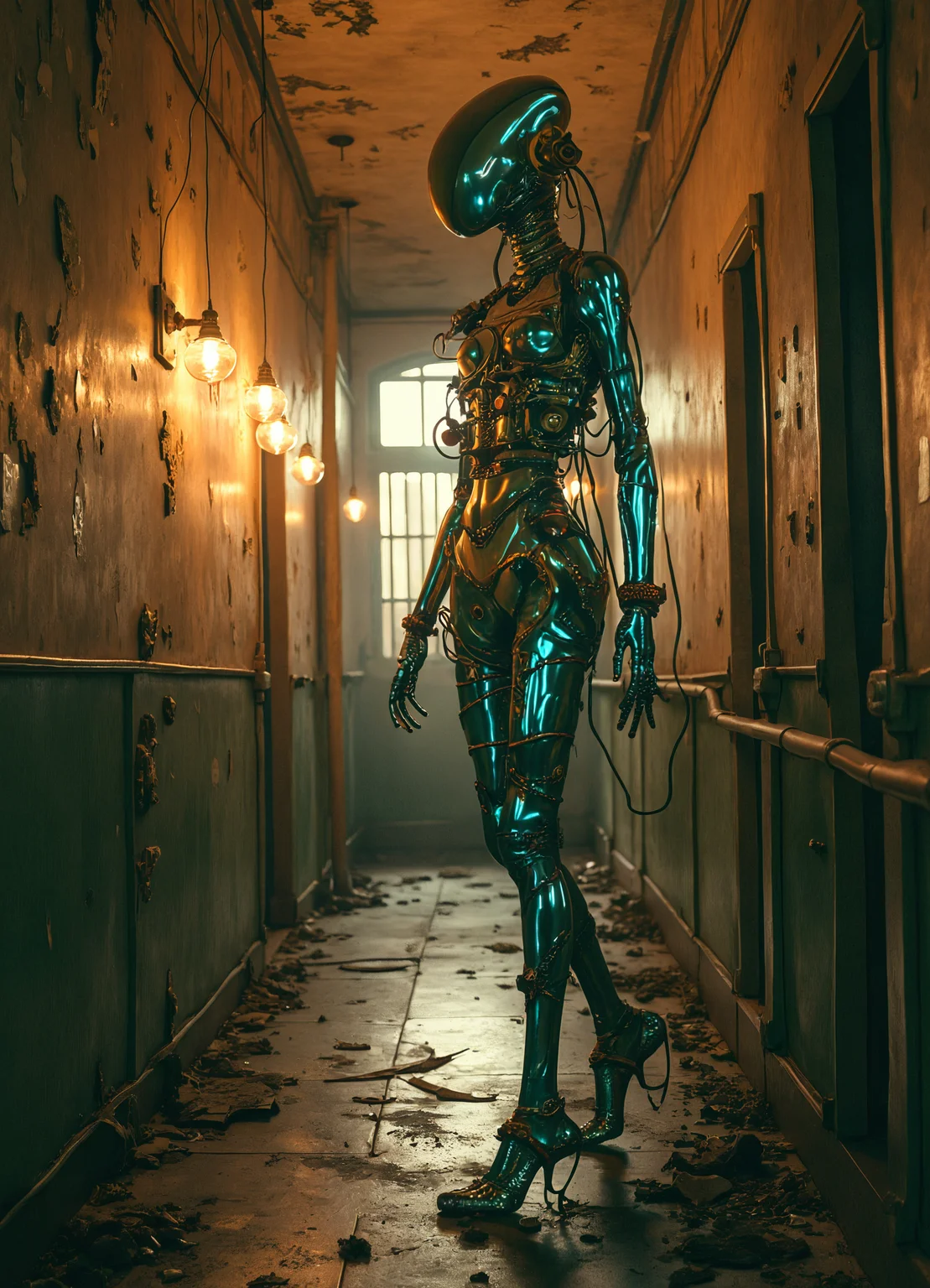A vintage aesthetic, futuristic alien shape-shifter with gears and wires, commuting in a very crowded run-down asylum during dusk. A stunning photo.