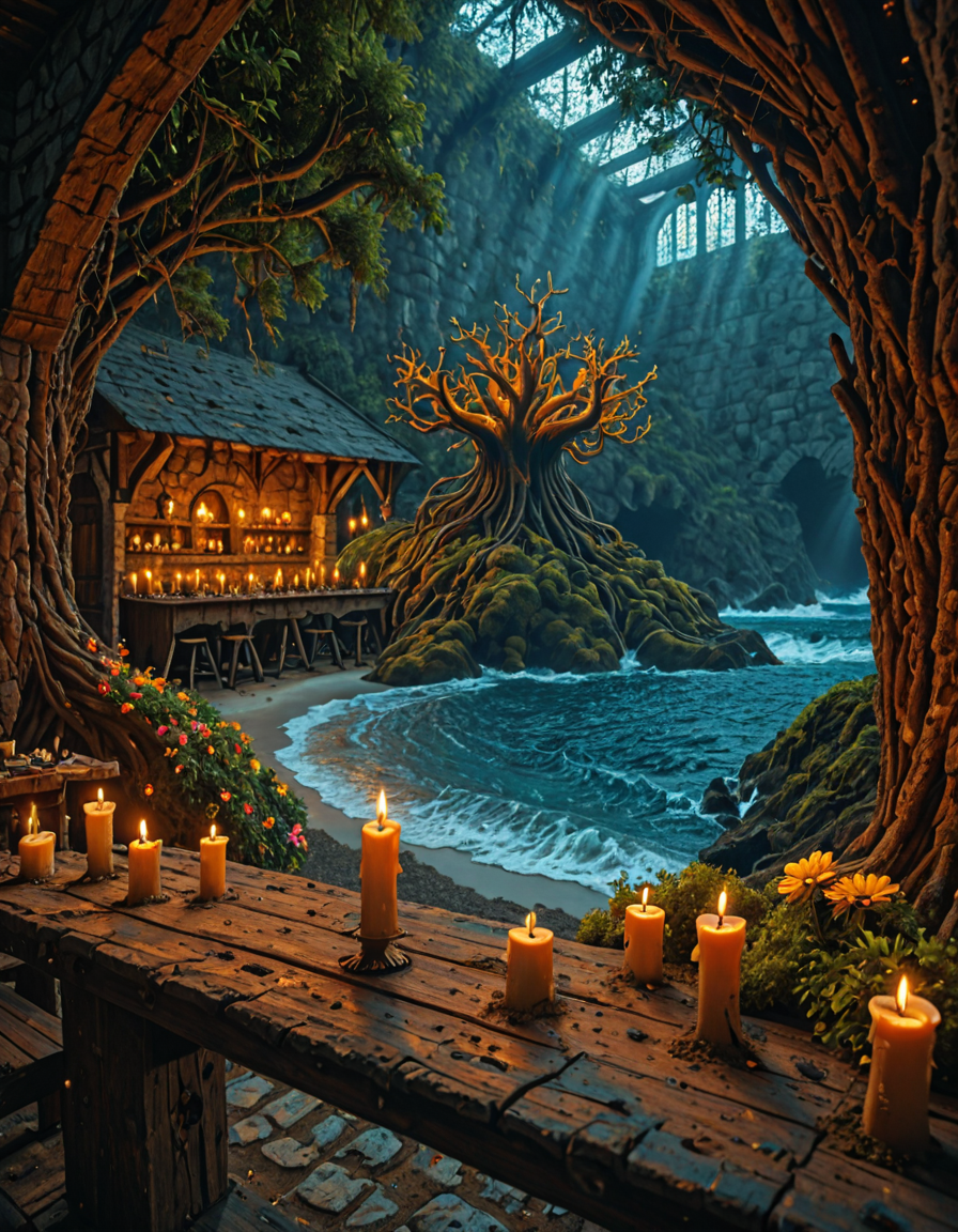 <lora:MW_Tavern01ill:1> mwt01, medieval tavern, outdoors, medieval, candles lights, skylight, lots of sun shades, huge roots, colorful flowers, moss, T10, waves, rocks, tree, vegetation, moss, sea, sunset, blue, orange, yellow, brown, T1, white, dark blue, fantasy, sunset, blue sky, bokeh, sunlight, gold tree, T7, scenery, beach, shore,