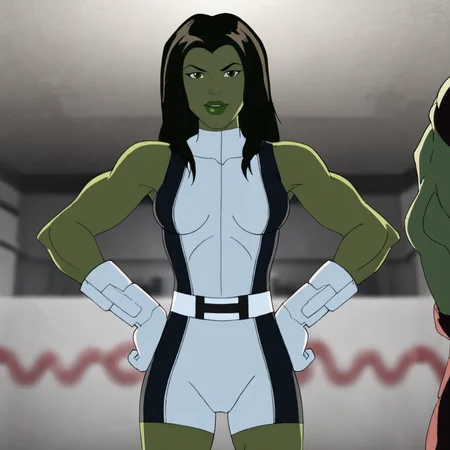 <lora:SheHulkAgentsofSmash_pony_v2:1>  SheHulkSMASH, green skin, 1girl, black hair, green lips, lipstick, long hair, black eyes, makeup, belt, muscular female, bodysuit, breasts