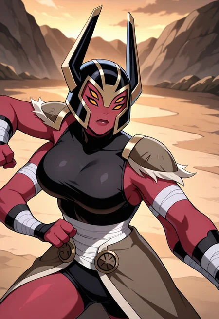 ((screencap, cartoon)) , masterpiece, best quality, amazing quality, very aesthetic, absurdres, newest,
looma, red skin, solo, , yellow sclera,, breasts, extra eyes, , extra arm
helmet,armor, horns, bandages, black sleeveless shirt, turtle neck, , shoulder armor, bandaged arm, fighting pose,