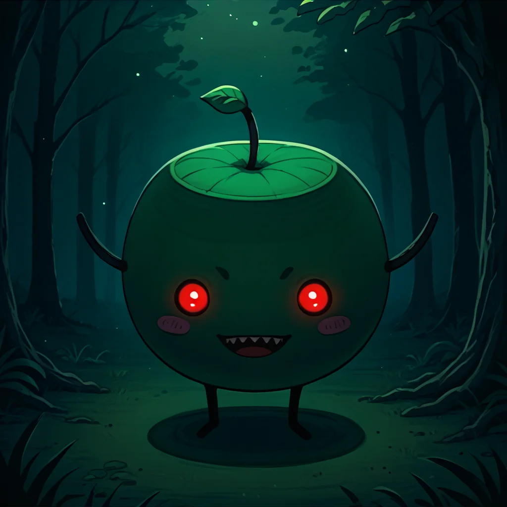 score_9, score_8_up, 1girl, solo, <lora:NSJunimoStardew:0.9> NSJunimoStardew, green skin, blush stickers, no mouth, solid circle eyes, red eyes, sprout on head, creature, no humans, full body, outdoors, fangs, sharp teeth, open mouth, glowing eyes, forest, night