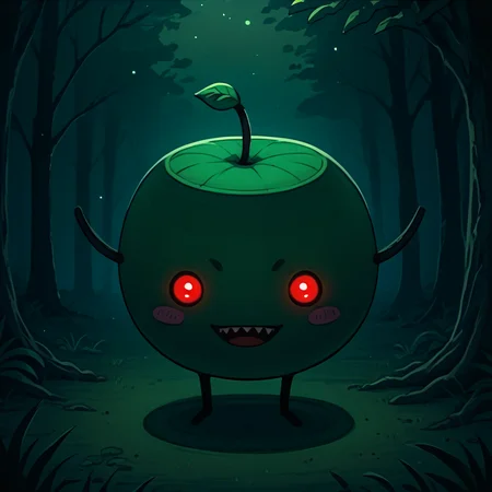score_9, score_8_up, 1girl, solo, <lora:NSJunimoStardew:0.9> NSJunimoStardew, green skin, blush stickers, no mouth, solid circle eyes, red eyes, sprout on head, creature, no humans, full body, outdoors, fangs, sharp teeth, open mouth, glowing eyes, forest, night