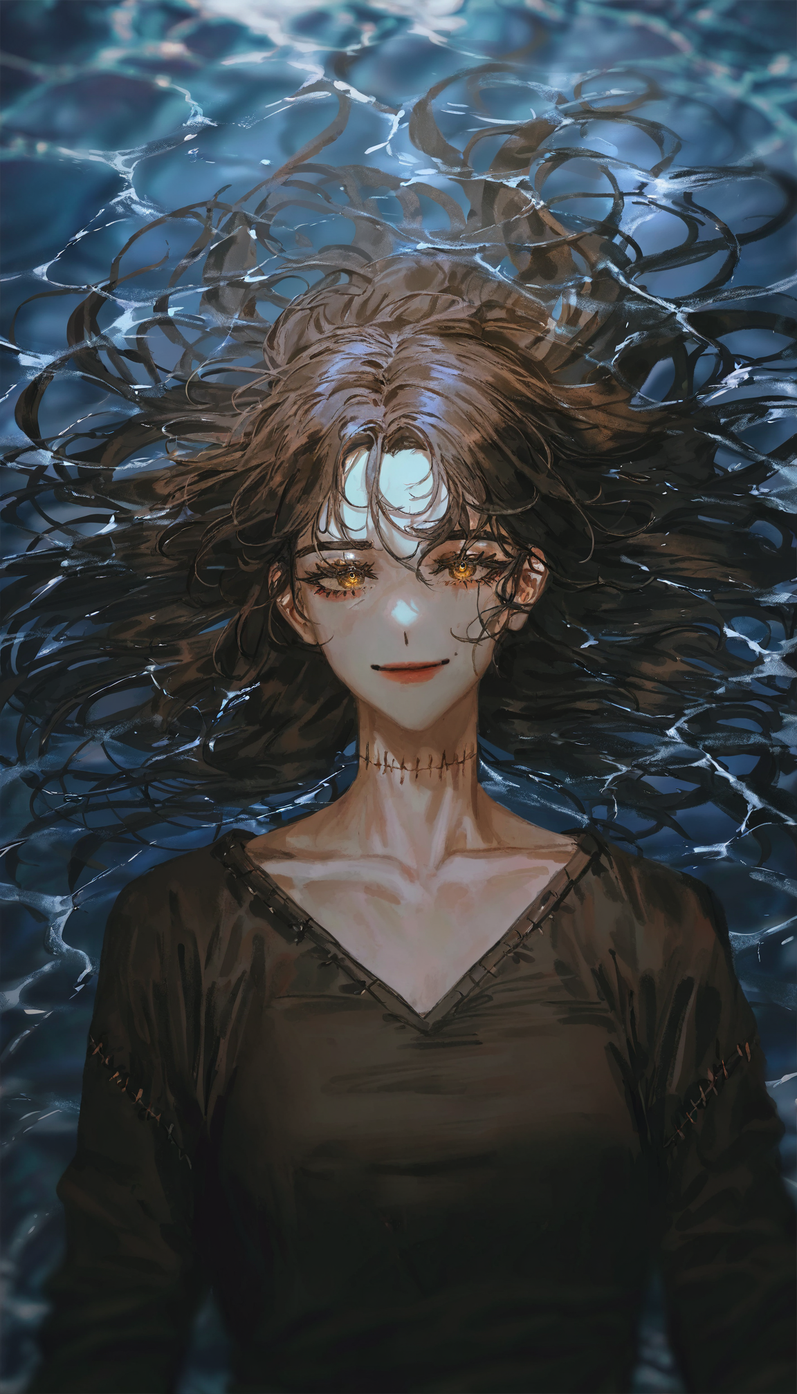 masterpiece,best quality,artist:john_kafka,artist:nixeu,artist:quasarcake, ,gritty,
original，
1girl, black hair, brown hair, floating hair, hair spread out, long hair, scar, smile, solo, stitches, water