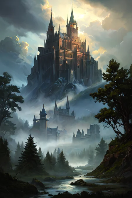 hyperrealism oil painting, Phantom apparition of the castle,
very few clouds, and rainbow, and heavy mist,,,
aimi,aimi_\(sky-freedom\),sky-freedom style,by sky-freedom,purple eyes,long hair,black hair,blunt bangs,sidelocks in a hime cut,(mole under mouth:1.2),(surgical mask,mouth mask),
fantasy forest simulated wildlife sounds,
a dense ancient forest, with towering trees, thick undergrowth, a canopy that filters the sunlight, and a sense of timelessness,
Early morning,
<lora:more_details:0.3>,
<lora:EnvyFantasyMix05:0.5>,
<lora:ghost:0.3> guiguai,
<lora:FantasyRuins:0.3> FanRu,
<lora:USNR STYLE_XL_loha:0.3> usnr,