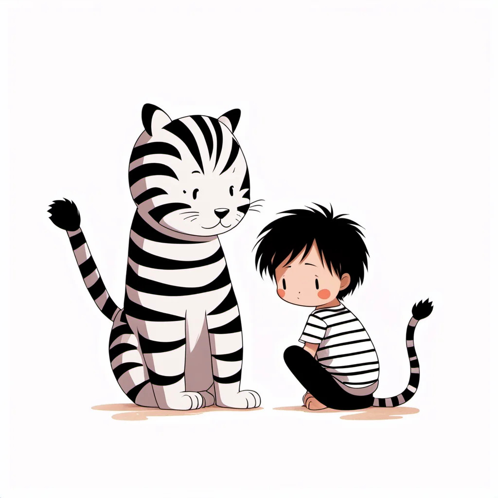 <lora:xiaohua:0.9>,xh,1boy,black hair,striped shirt,shirt,white background,striped,sitting,simple background,chibi,male focus,tiger,animal,smile,blush,:3,whiskers,pants,