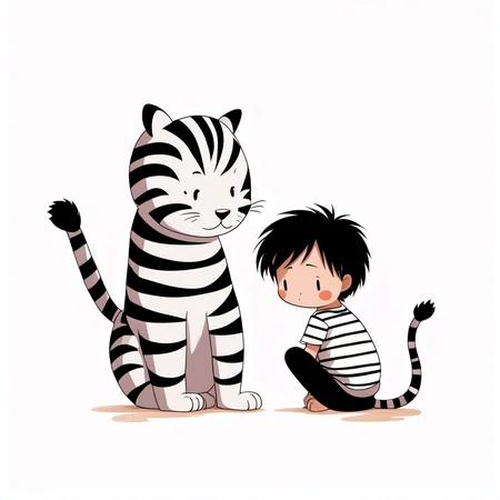 <lora:xiaohua:0.9>,xh,1boy,black hair,striped shirt,shirt,white background,striped,sitting,simple background,chibi,male focus,tiger,animal,smile,blush,:3,whiskers,pants,