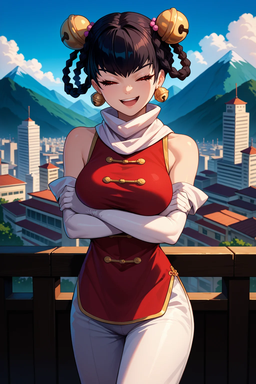 score_9, score_8_up, score_7_up, score_6_up, source_anime, 1girl, solo <lora:opmlinlin-pdxl-nvwls-v1-000005:1> opmll, black hair, short hair, hair rings, twin braids, red eyes, hair bell, earrings, white scarf, chinese clothes, red shirt, sleeveless, elbow gloves, white pants, large breasts, crossed arms, smug, closed eyes, smile, open mouth, city, mountains, blue sky