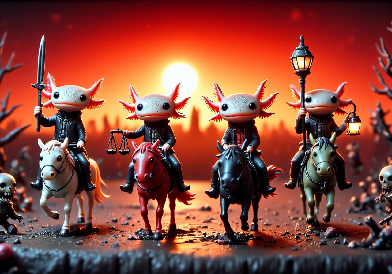an image shot with significant tilt shift effect of CozySpookyStyle of tiny axolotls, Axolotl Apocalypse Riders: Four axolotls ride across a crimson horizon, each representing a different aspect of the apocalypse. The first axolotl, on a pale horse, holds a scythe and has hollow, skeletal eyes; the second, on a blood-red steed, carries a sword, its gills flaring with rage. The third, mounted on a black horse, clutches a pair of scales, its expression one of grim calculation. The final rider, on a sickly green horse, has decayed flesh and sunken eyes, holding a skull-shaped lantern that casts an eerie glow. The background is filled with cracked earth and burning skies, as the riders bring ruin to all in their path., the axolotls have frilly gills and round black eyes and wear little outfits, In this image, the focus is sharply on a central area, creating a sense of intimacy, while the surrounding elements gently fade into softness. The colors are vivid and inviting, drawing attention to the details in the foreground, while a gradual blur adds a whimsical quality to the background. The overall effect gives the scene a miniature, almost toy-like appearance, as if youâre observing a delicate model world crafted with care. The play of light and shadow enhances the charm, making everything feel both surreal and inviting., axolotl, (CozySpookyStyle:1.2)<lora:CozySpookyStyleFlux.safetensors:1.0:1.0> <lora:Axomodel_Flux_V1.1.safetensors:1:1> <lora:Flux_Detailer2K.safetensors:1:1>