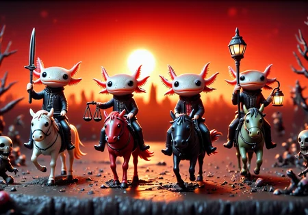 an image shot with significant tilt shift effect of CozySpookyStyle of tiny axolotls, Axolotl Apocalypse Riders: Four axolotls ride across a crimson horizon, each representing a different aspect of the apocalypse. The first axolotl, on a pale horse, holds a scythe and has hollow, skeletal eyes; the second, on a blood-red steed, carries a sword, its gills flaring with rage. The third, mounted on a black horse, clutches a pair of scales, its expression one of grim calculation. The final rider, on a sickly green horse, has decayed flesh and sunken eyes, holding a skull-shaped lantern that casts an eerie glow. The background is filled with cracked earth and burning skies, as the riders bring ruin to all in their path., the axolotls have frilly gills and round black eyes and wear little outfits, In this image, the focus is sharply on a central area, creating a sense of intimacy, while the surrounding elements gently fade into softness. The colors are vivid and inviting, drawing attention to the details in the foreground, while a gradual blur adds a whimsical quality to the background. The overall effect gives the scene a miniature, almost toy-like appearance, as if youâre observing a delicate model world crafted with care. The play of light and shadow enhances the charm, making everything feel both surreal and inviting., axolotl, (CozySpookyStyle:1.2)<lora:CozySpookyStyleFlux.safetensors:1.0:1.0> <lora:Axomodel_Flux_V1.1.safetensors:1:1> <lora:Flux_Detailer2K.safetensors:1:1>