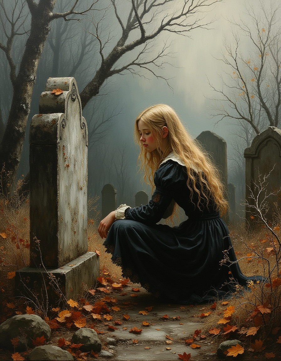masterpiece, high quality, Oil Painting, Hyper-realistic, hyper-detailed oil painting a sorrowful young Medieval servant girl kneels by a weathered gravestone in a desolate, overgrown cemetery. Her tattered, dress clings to her frail frame, and her tear-streaked face is framed by unkempt, windswept long blond hair. The late autumn landscape is bleak, with skeletal trees shedding their last brittle leaves, which scatter across the cold, damp ground. A gray, overcast sky looms above, casting a somber light over the scene. The atmosphere is heavy with grief and the chill of impending winter. brush strokes, warm light, magic, extremely coherent, cute, beautiful, cinematic, stunning, creative, positive, cheerful, unique, cool, inspiring, pure, rational, very inspirational, friendly, thought, glowing, magical, perfect, intricate, wonderful, lovely, novuschroma, del1cate_balance style, in the style of Rembrandt. vantablack <lora:style_of_Rembrandt_FLUX_135:.8> <lora:- Flux1 - vanta_black_V2.0:.4> <lora:Delicate_Balance:.3> <lora:neeeg_f1:-1> <lora:113_novuschromaFLX_1:.2>