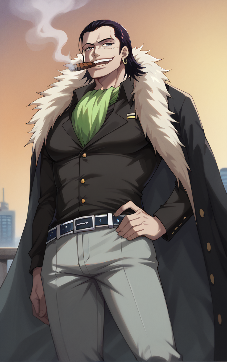 score_9, score_8_up, score_7_up, looking at viewer,  BREAK
MarineFord_Crocodile_ownwaifu, 
1boy, black eyes, black hair, hair slicked back, hook, male focus, scar on face, single earring, smoking, scar, jewelry, earrings, smile, stitches, teeth, short hair, long hair, cigarette, evil smile, 
black coat, black shirt, cigar, fur trim, green ascot, grey pants, fur coat, ascot, belt, pants, coat, coat on shoulders, shirt, cape, fur-trimmed coat, long sleeves, vest
(contrapposto, hand on hip), sunset, sidelighting, cityscape, outdoors, <lora:PONYXL_Pre_ONEPIECE_Crocodile_ownwaifu:1> , depth of field, solo, Interesting Image, Captivating Image,