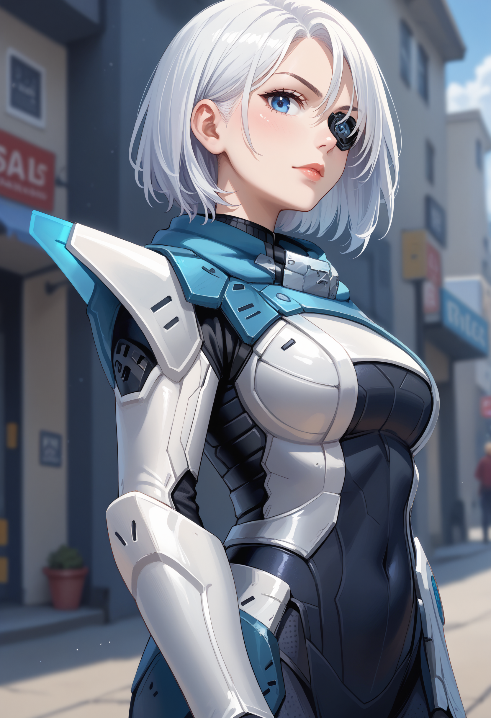 score_9, score_8_up, score_7_up, (masterpiece, best quality), 
1girl, solo, project ashe, 
bodysuit, skin tight, power armor, gauntlets, gloves, shoulder armor,
white hair, short hair, bangs, blue eyes, eyepatch,
 looking at viewer,  close-up