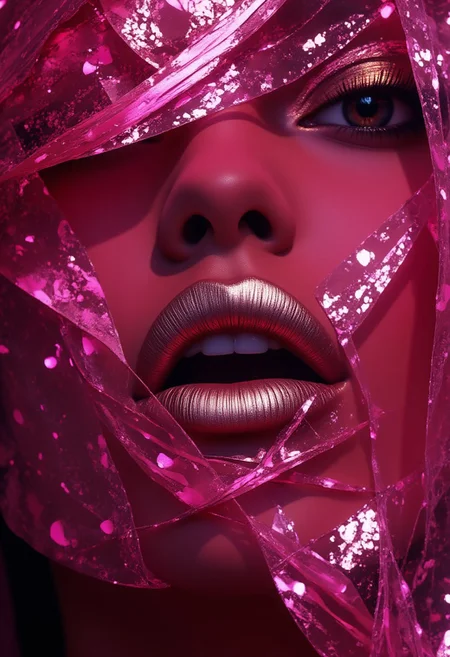 Vibrant,, great depth, ray tracing, professional photoshoot, glossy texture, pink light,smooth finish,metallic finish, close up of Fashion model lips