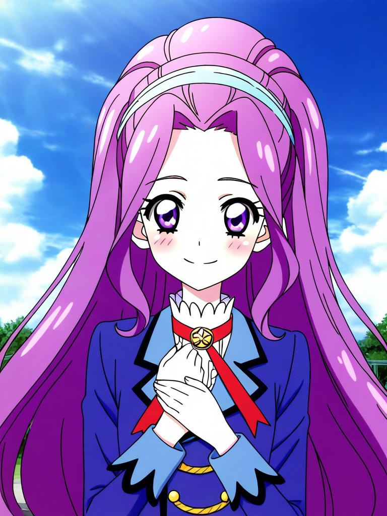 general,highres, ultra-detailed,very aesthetic,best quality ,best hands, BREAK <lora:Kanzaki_Mizuki_aikatsu!_IS:1>
kanzaki_mizuki(aikatsu!), 1girl, solo, purple hair, purple eyes, long hair, ponytail, high ponytail, hairband, very long hair,
smile, looking at viewer, starlight academy school uniform,
 upper body, 
sky, outdoor,
