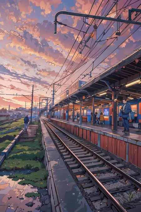 (masterpiece:1.3),(best quality:1.3),highres,vivid colors,ultra-detailed,masterpiece,extremely detailed CG unity 8k wallpaper,best quality,absolutely magical world,s,scenery,style-sylvamagic,ground vehicle,scenery,train station,outdoors,railroad tracks,sky,real world location,sunset,motor vehicle,train,power lines,bag,1girl,multiple boys,standing,dawn night,path,