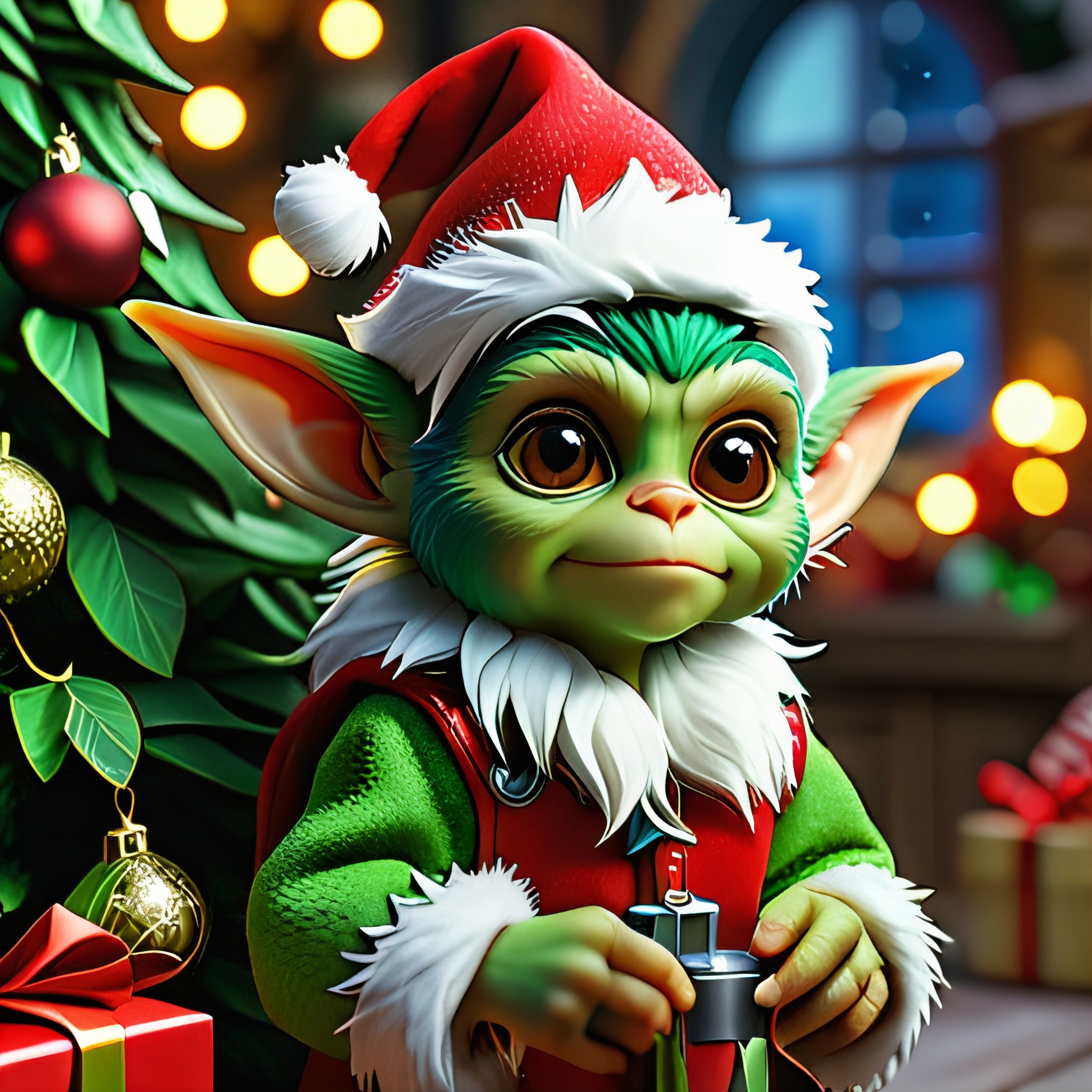 masterpiece, intricate photo, christmas gremlin, background kids elven toy factory at the north pole, christmas tree, festively decorated, christmas gifts, photo realistic, hyper realistic, highly detailed, sharp focus, best quality, high resolution, colorful, vibrant colors, studio lighting, 8K